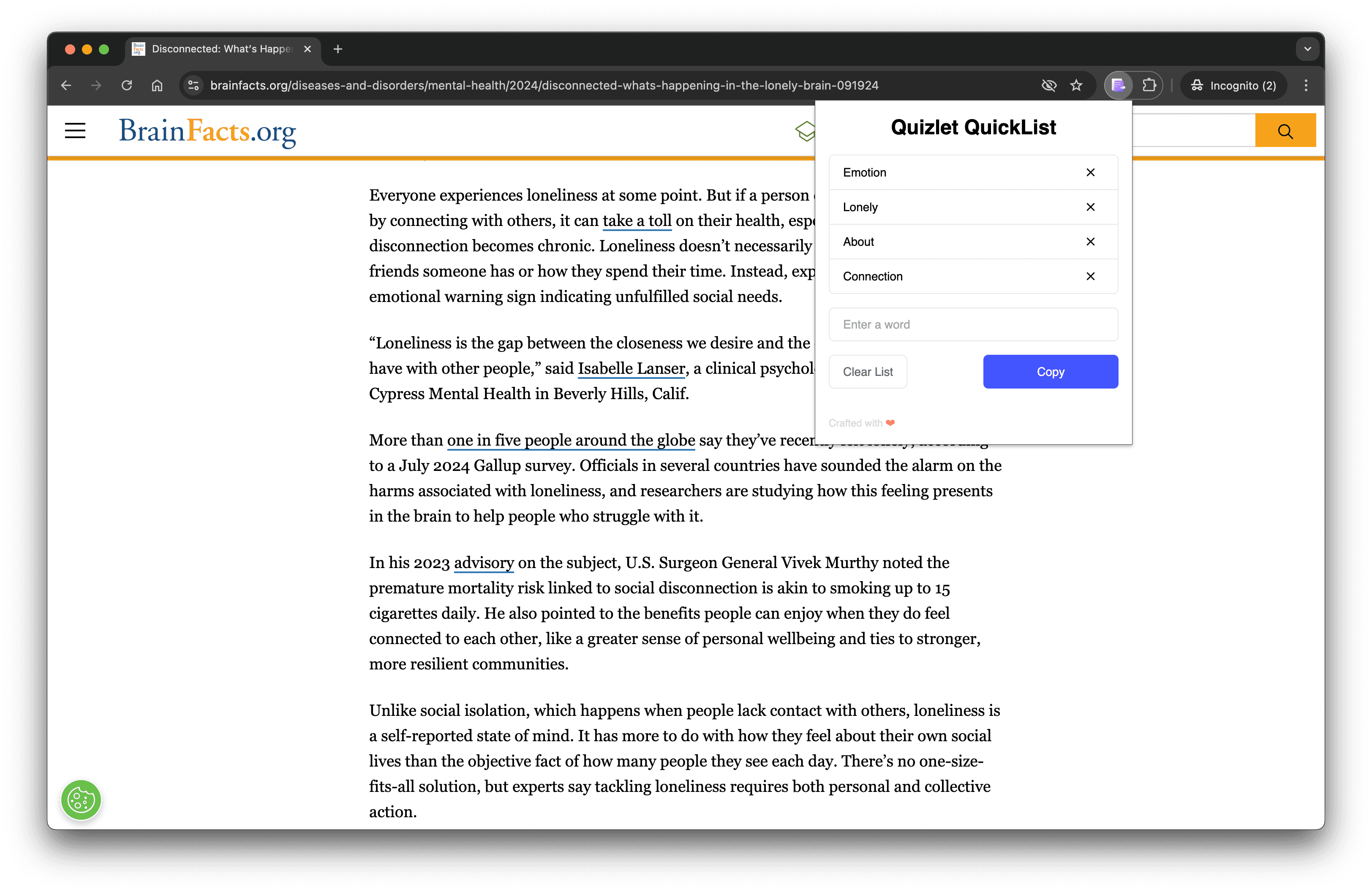 Screenshot showing a webpage with a visible Quizlet QuickList extension on the right side. The extension contains a list of words, including “Emotion,” “About,” etc.” There are buttons to clear the list or copy it.