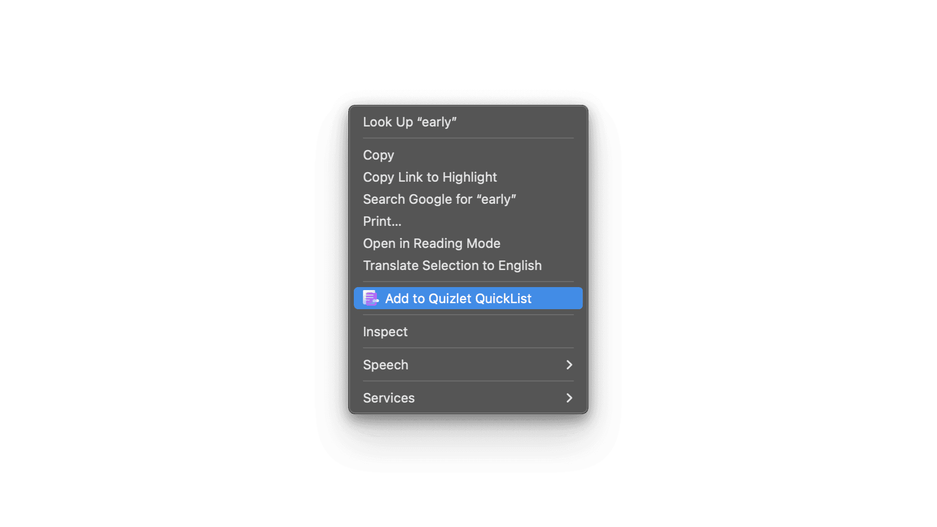 A screenshot of a webpage displaying highlighted text. A context menu is opened, with the option “Add to Quizlet QuickList” highlighted. This indicates the ability to quickly add a selected word to the Quizlet QuickList extension from a webpage.