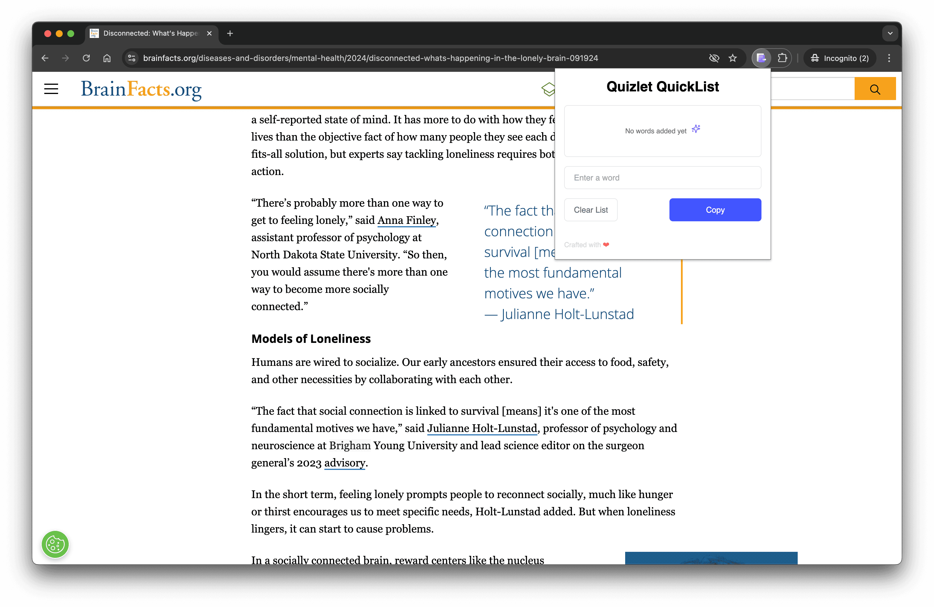A screenshot of a browser window showing the “Quizlet QuickList” Web extension. The list is currently empty, with a message that reads “No words added yet.” Below the message, there is an input field labeled “Enter a word,” a “Clear List” button, and a “Copy” button. 