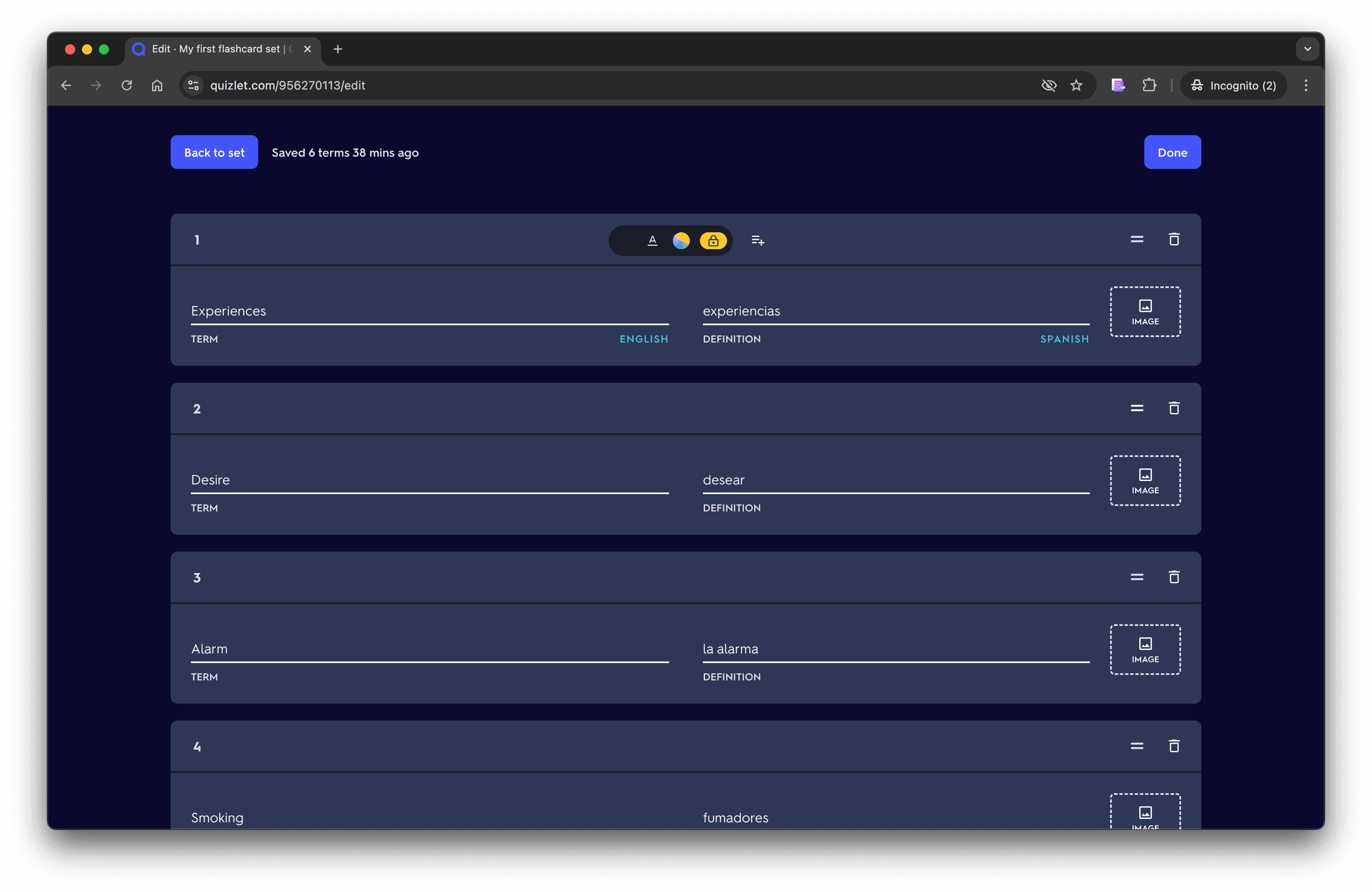 A screenshot showing the Quizlet flashcard set creation interface. On the left, the user is creating a flashcard set titled “My first flashcard set.” Each flashcard has an English term and its corresponding Spanish definition.