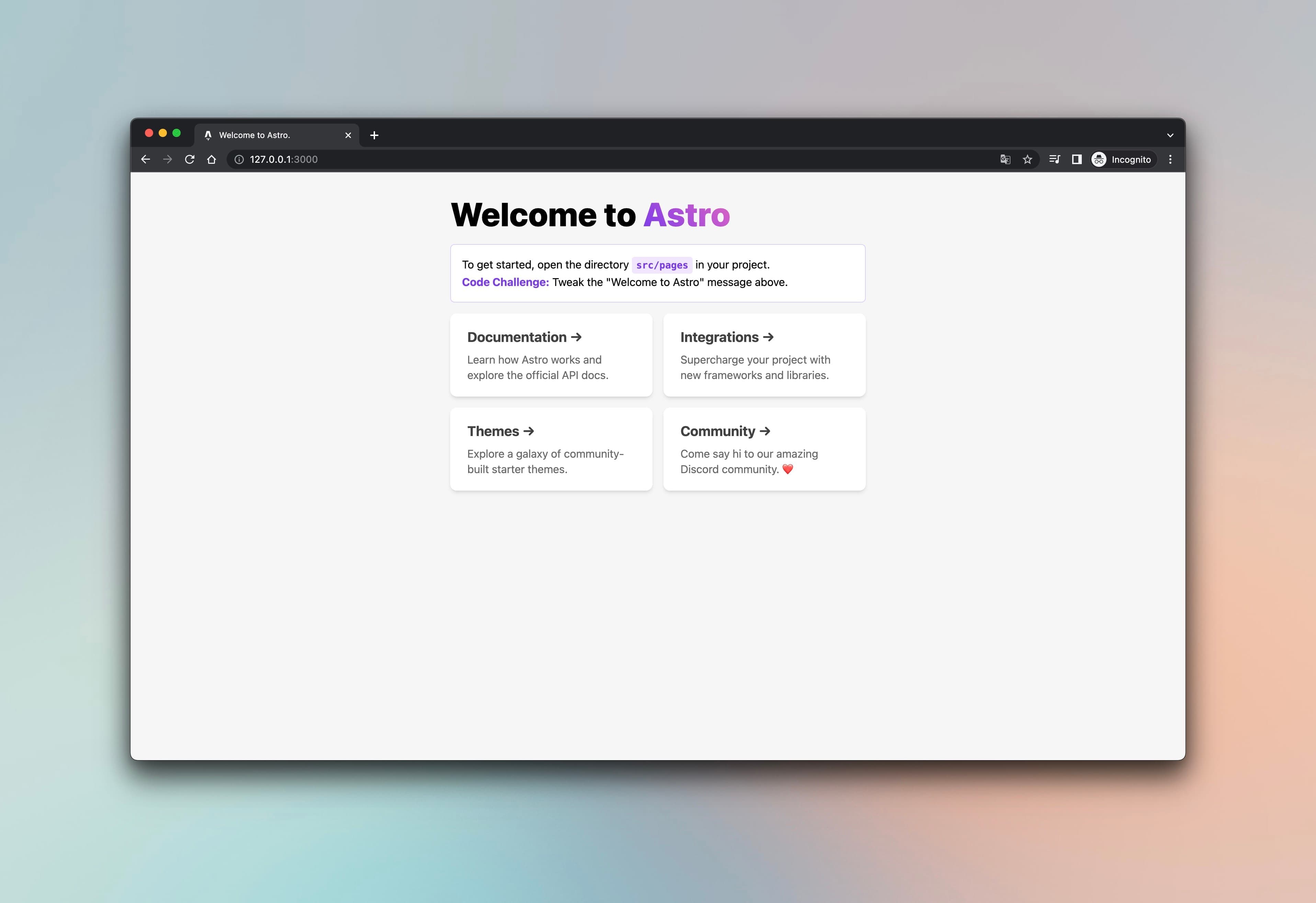 Astro welcome screen on localhost