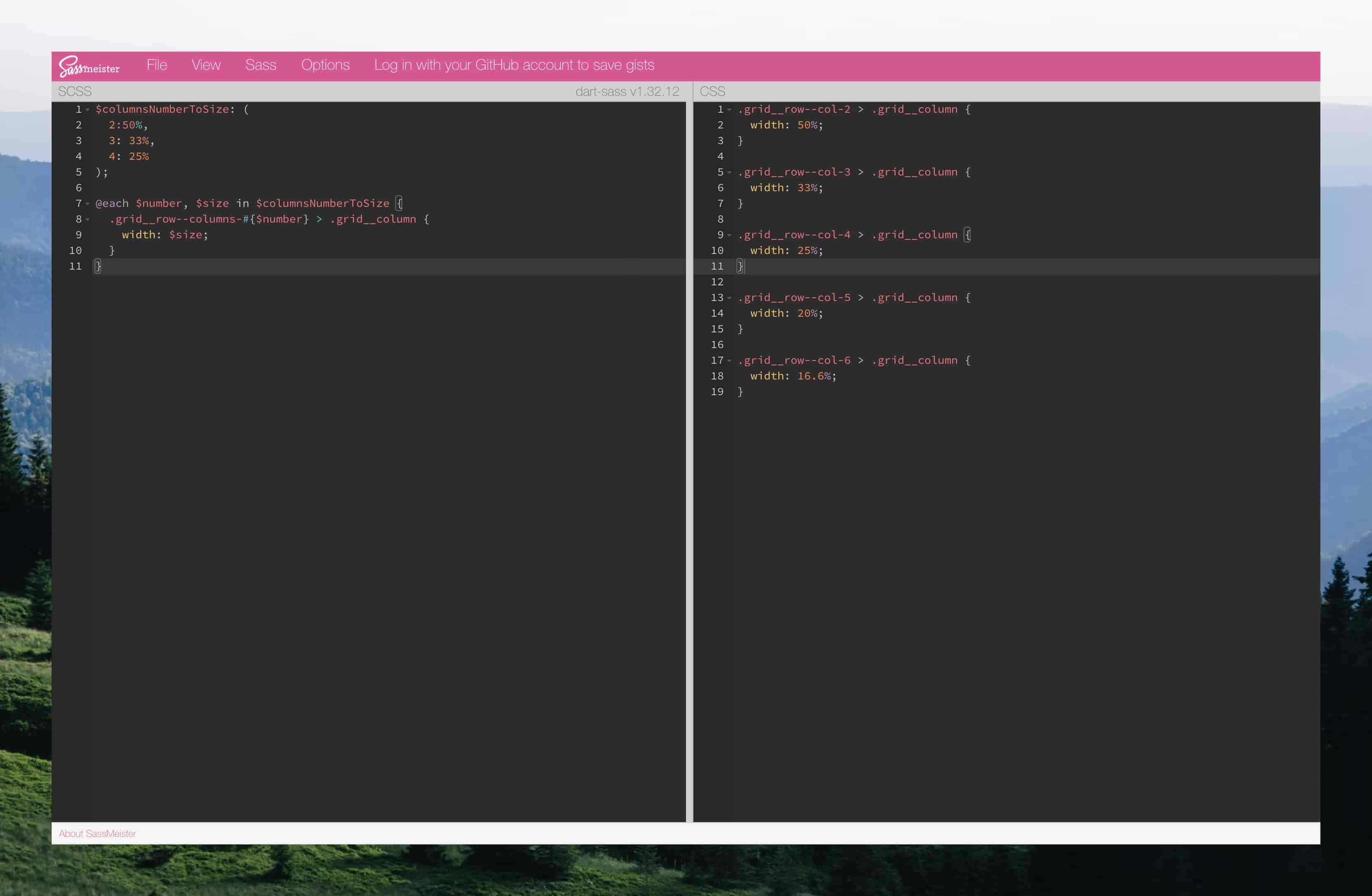 sassmeister site screenshot with SCSS and CSS code