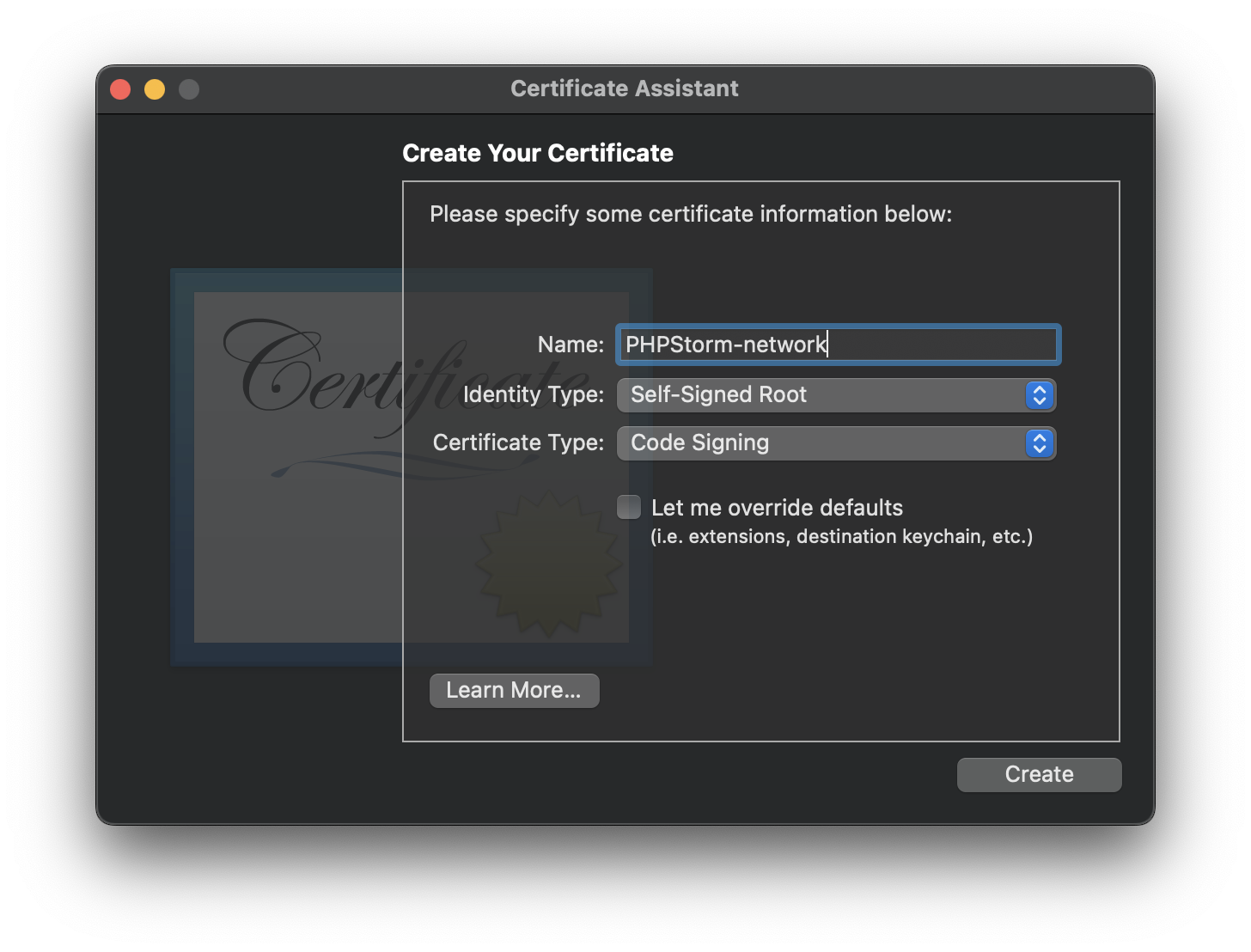 Keychain Access create certificate window