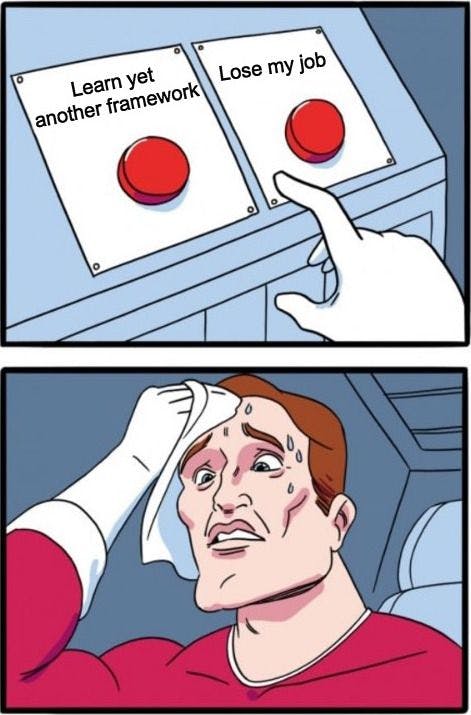 A meme in which a person tries to choose between two red buttons.